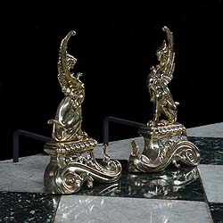  A pair of antique brass Rococo style griffin fire dogs   