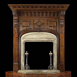 Antique Late 19th century Jacobean Revival fireplace in Oak with large Overmantle
