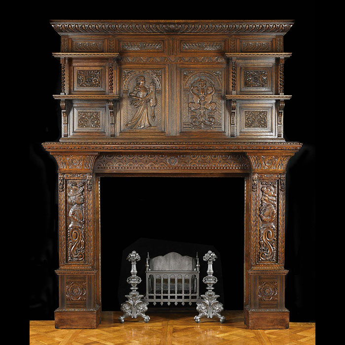 Antique Renaissance Elizabethan manner Oak Fireplace and Overmantel

