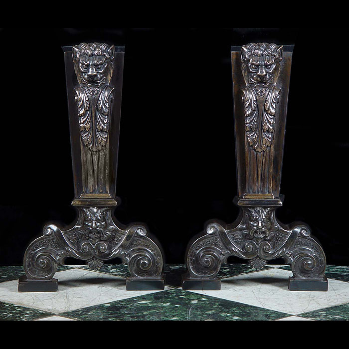 A pair of cast iron Replica Mannerist Revival Andirons in Bronze with Burnished Iron
