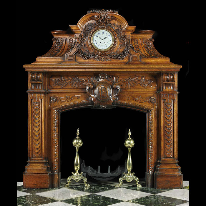 French Baroque carved oak antique fireplace and overmantel    