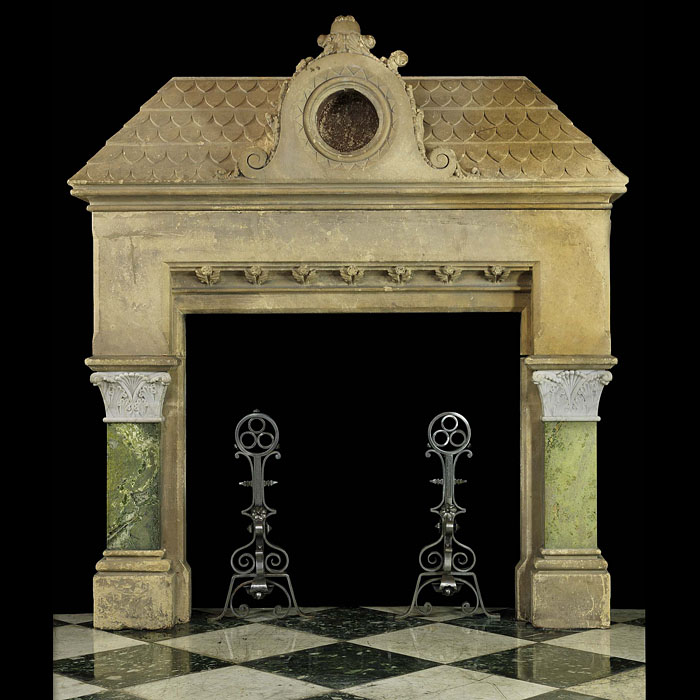 A Gothic style Caen stone & marble Victorian fireplace mantel
