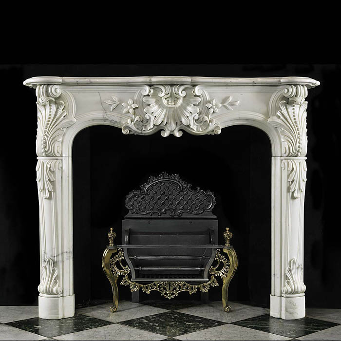 Antique French carved Louis XV Rococo Fireplace in White Statuary Marble

