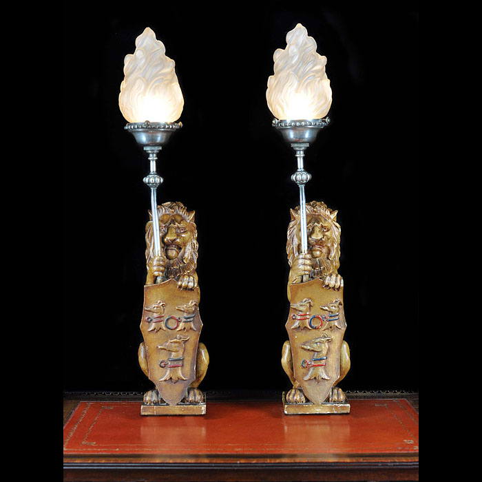  Antique pair of carved wood lion newel posts