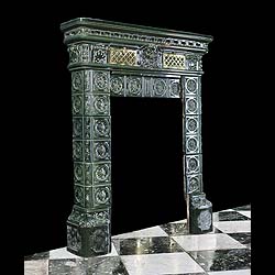 Antique Renaissance Revival French Chimneypiece in Green Ceramic Tiles 
