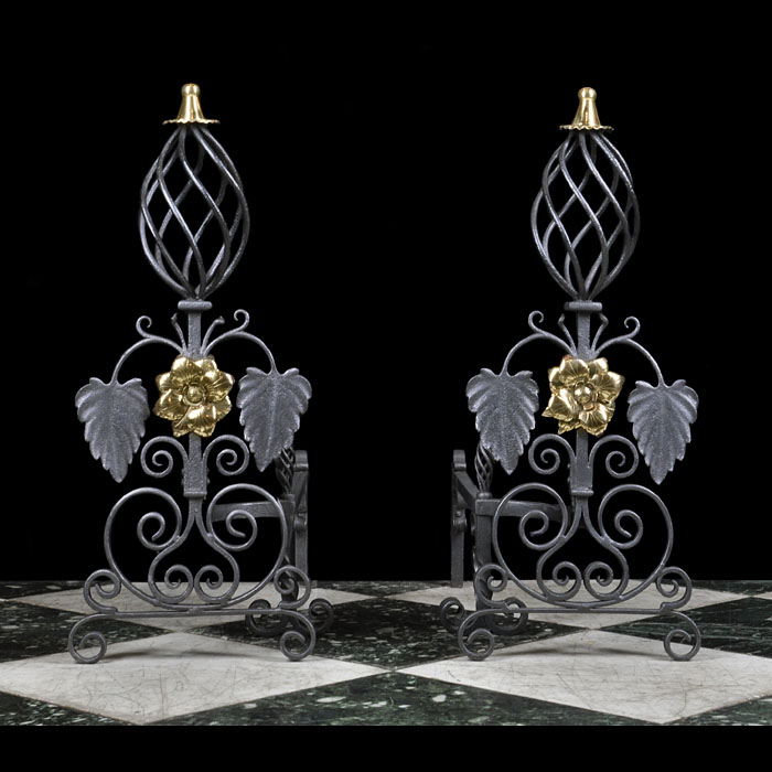 A Pair of Wrought Iron & Brass Andirons