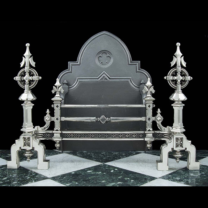 An enormous polished steel and cast iron antique Gothic Revival Fire Grate