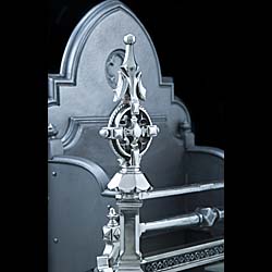 An enormous polished steel and cast iron antique Gothic Revival Fire Grate