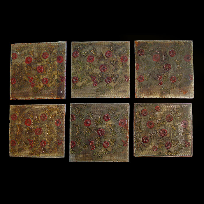 A Set of Six Painted Leather Panels