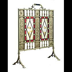 A very fine Aesthetic Movement brass and stained glass antique Firescreen 