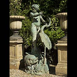  A Putti and stork verdigris metal garden fountain   