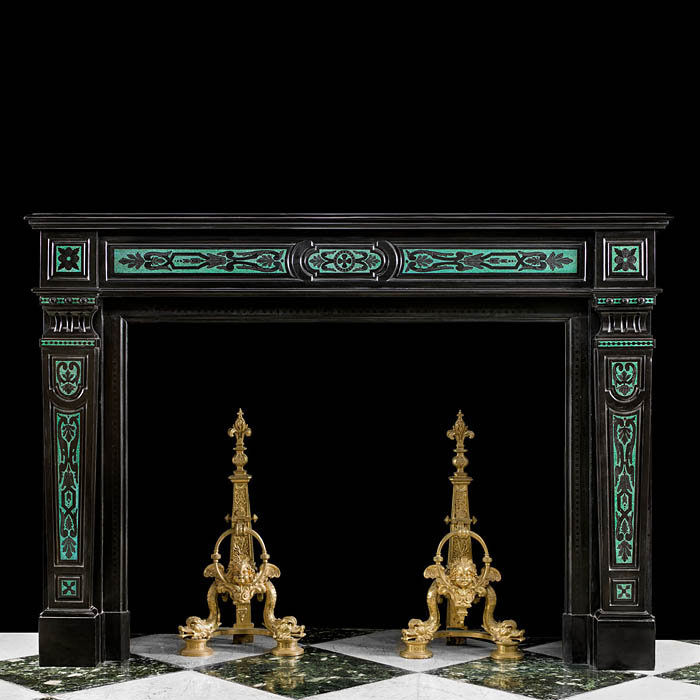 A Louis XVI style Belgian Black marble and inlaid malachite antique fireplace mantel