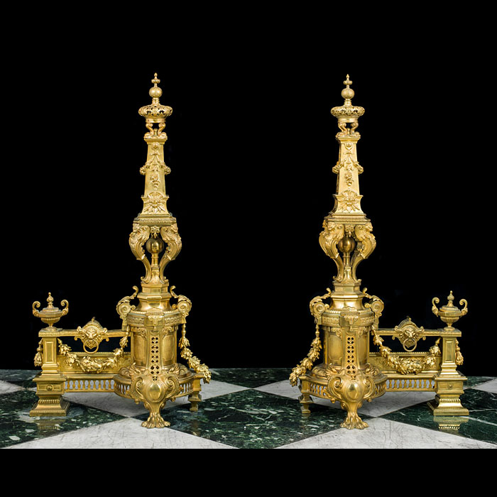 Ornate Pair of Tall French Gilt Brass Chenet