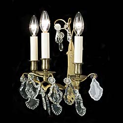 20th century pair of French brass and crystal wall lights    