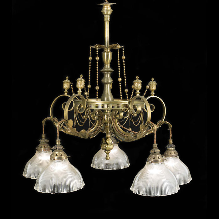 A Patinated Brass Five Light Ceiling Light