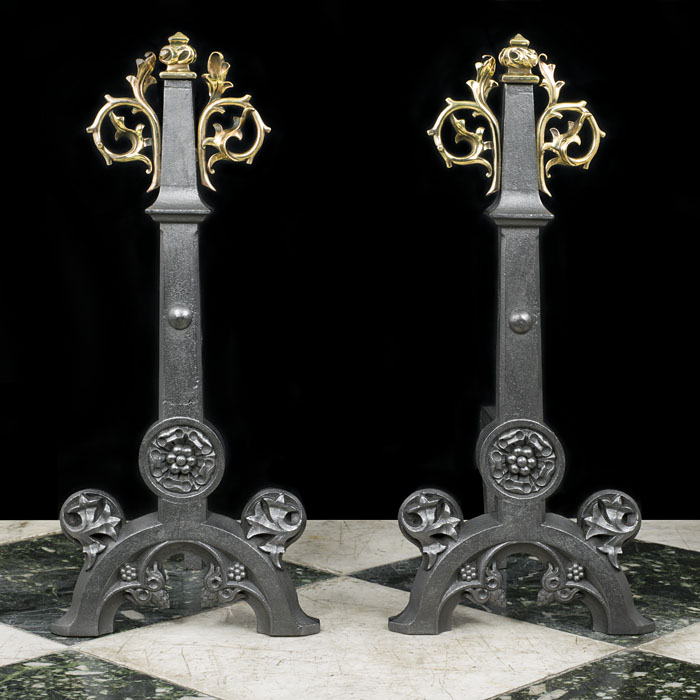 Pair of Brass Gothic Revival Pugin Andirons 