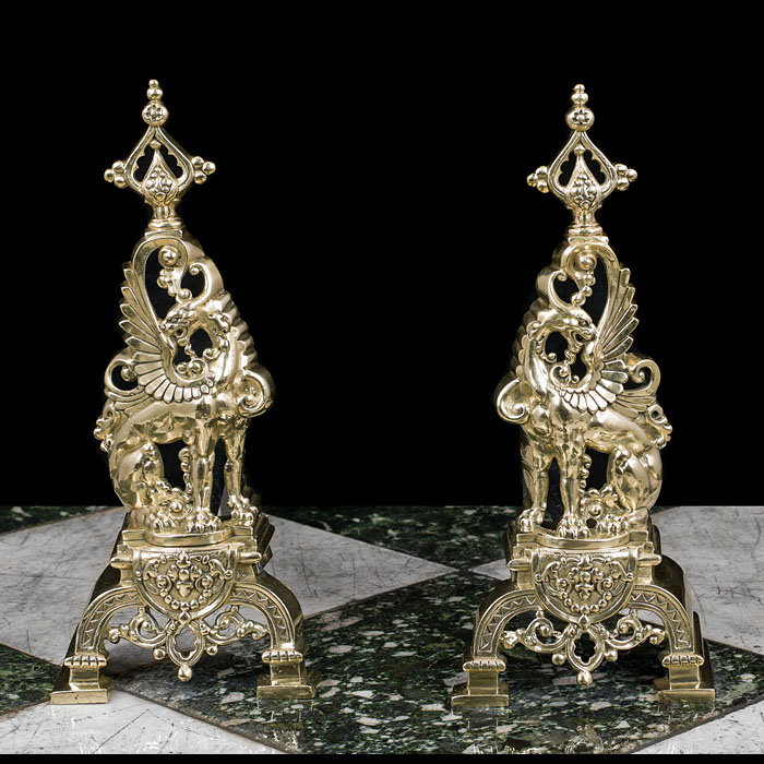 A Pair of French Brass Griffin Andirons 