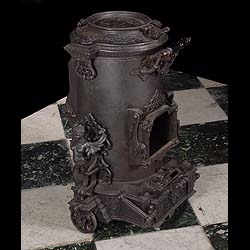 Antique Wood Burning Stove in Cast Iron in a Renaissance style
 This very large Wood Burning Stove with ornate Renaissance decoration is on wheels and is cast in French Iron. Late 19th century.
