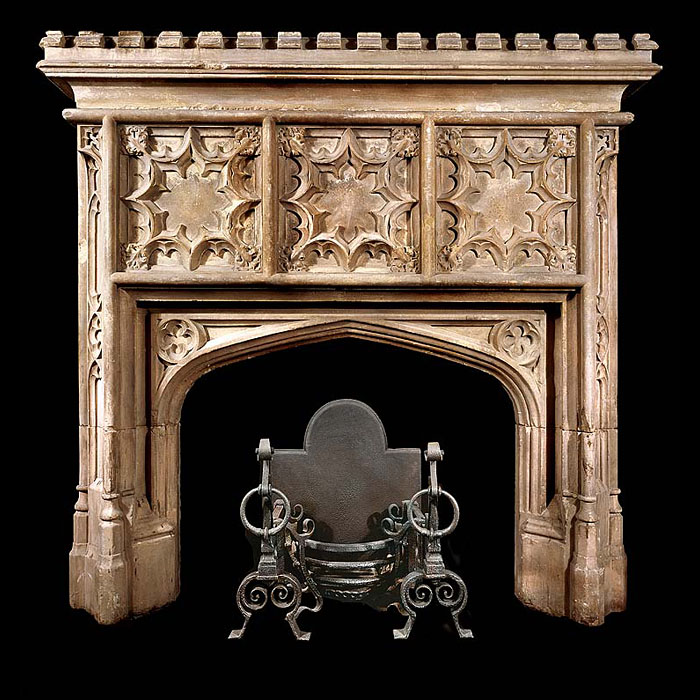  English Gothic Revival stone fireplace mantel   