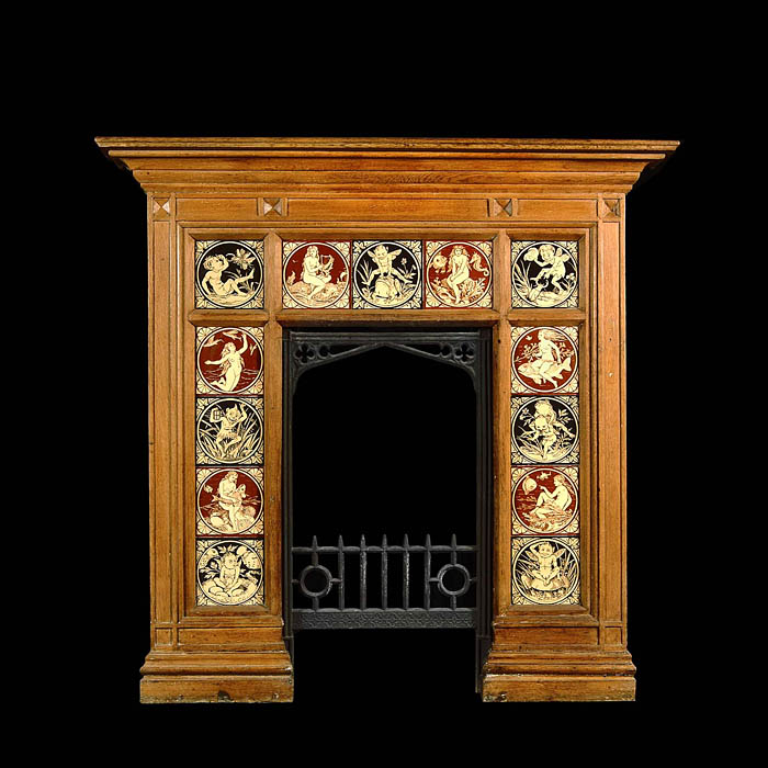Arts and Crafts Minton Tiled antique oak fireplace    