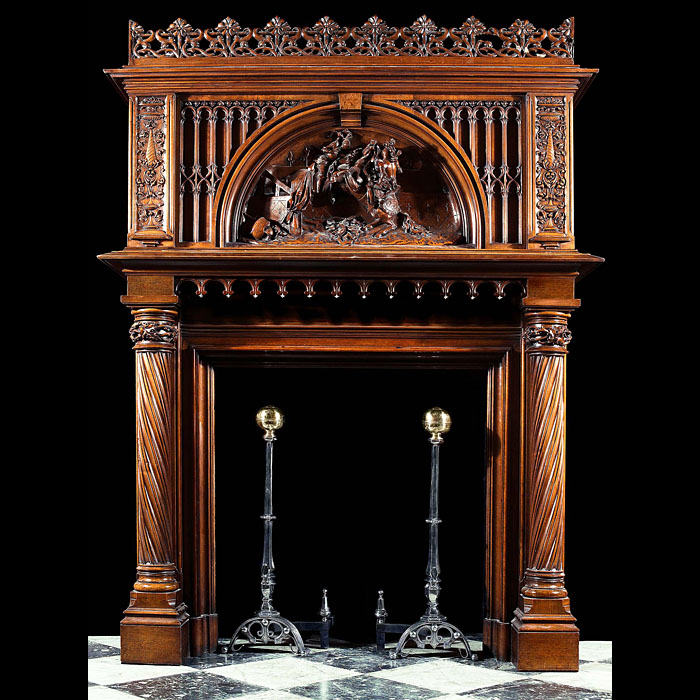 Gothic Revival walnut wood antique fireplace surround   