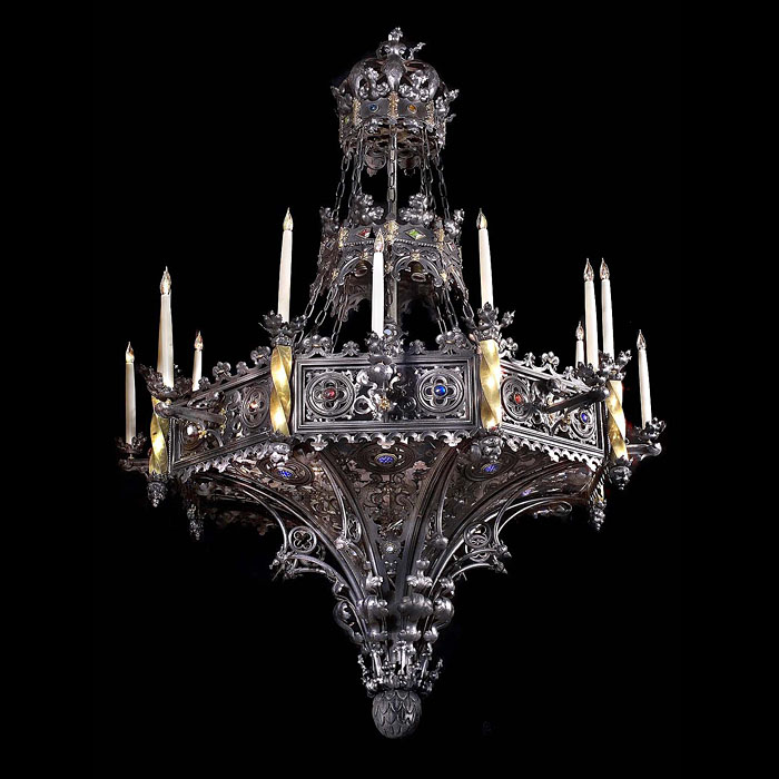 An antique Gothic Revival wrought and embossed iron chandelier    