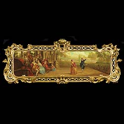 Antique French Period Rococo Gilt Wood Frame and Painting
 This Ornate period Rococo frame in Giltwood surround a beautiful painting of a Fete Champetre, with musicians and actors. 18th century Frame and 19th century Painting.
