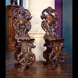 Italian pair of Sgabelli antique walnut hall chairs    
