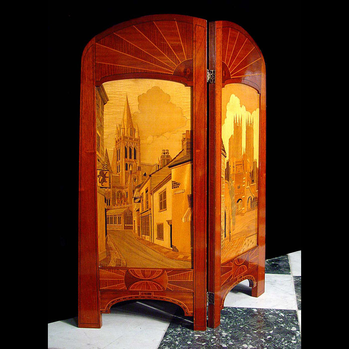 Antique Art Deco inlaid mahogany fireguard 
