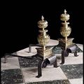 Antique pair brass Louis XIV style andiron fire dogs.
