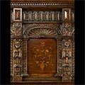 Antique oak English carved fireplace mantel and overmantel