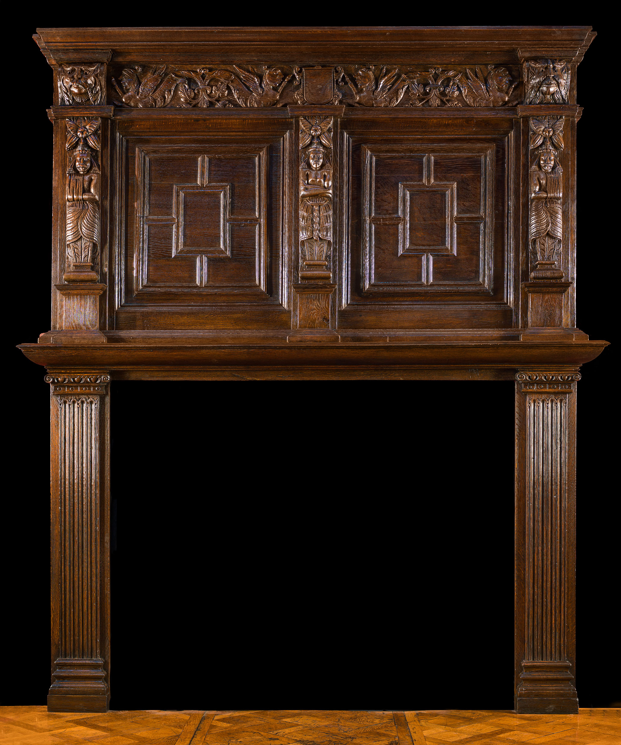 Jacobean Style Carved Oak Fireplace Mantel