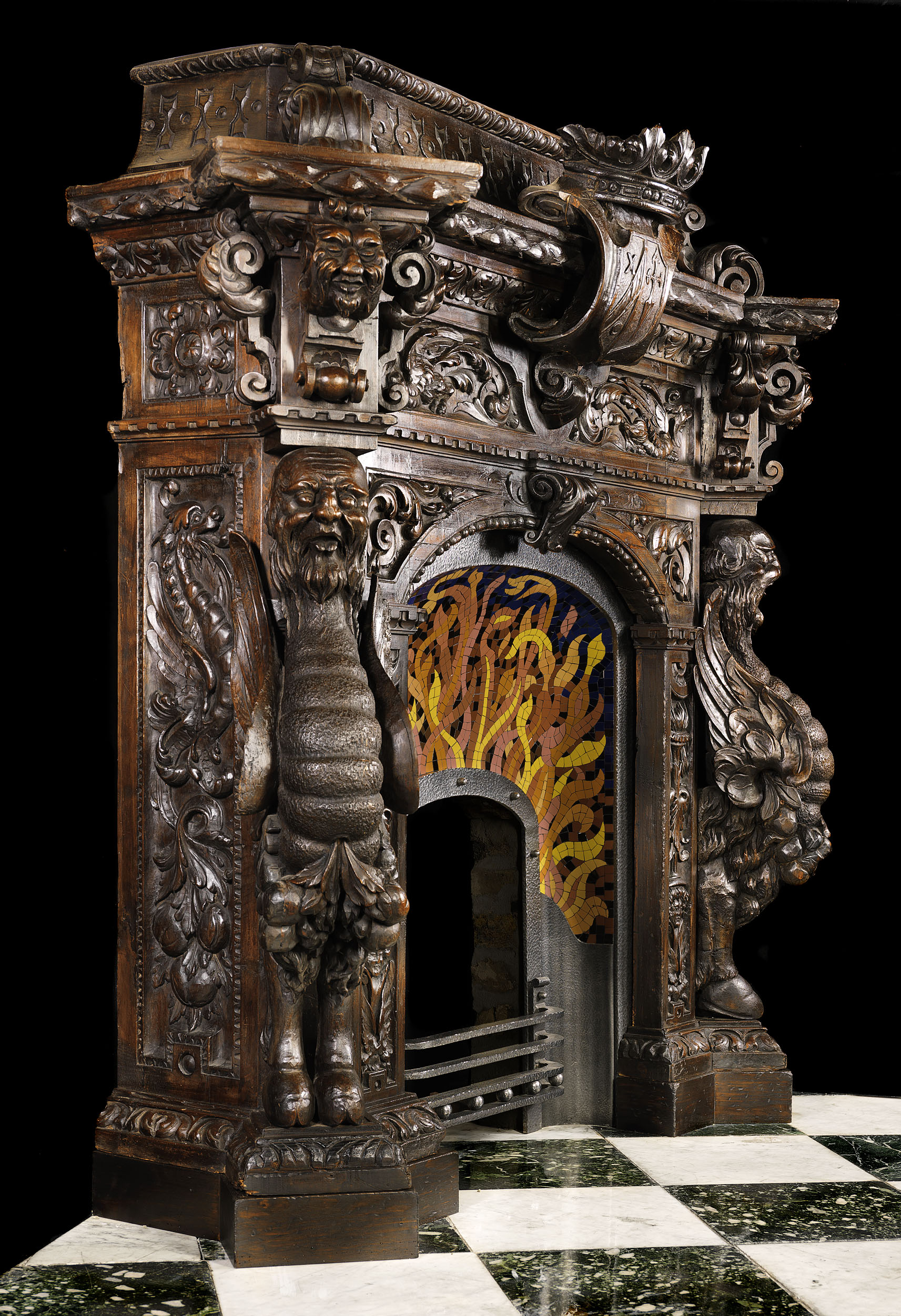 Extraordinary Spanish Mannerist carved pine fireplace surround    