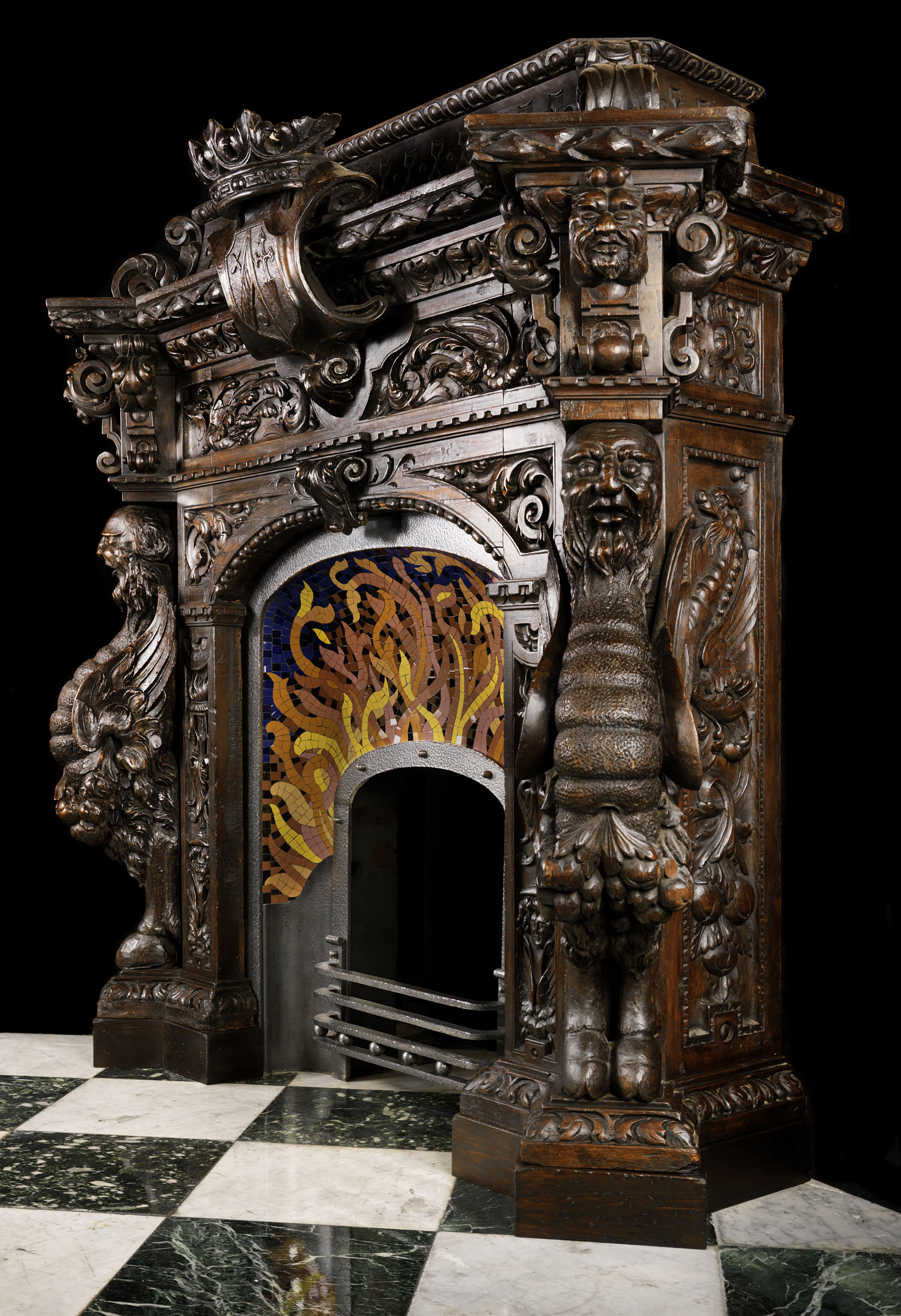 Extraordinary Spanish Mannerist carved pine fireplace surround    