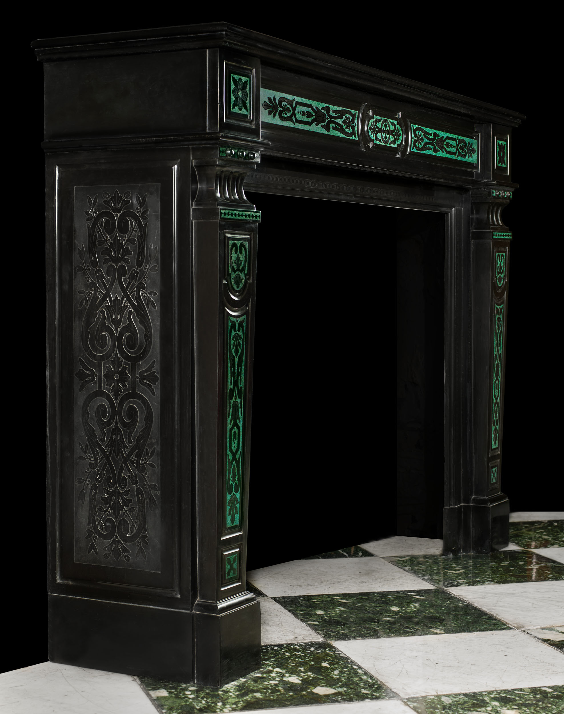 A Louis XVI style Belgian Black marble and inlaid malachite antique fireplace mantel