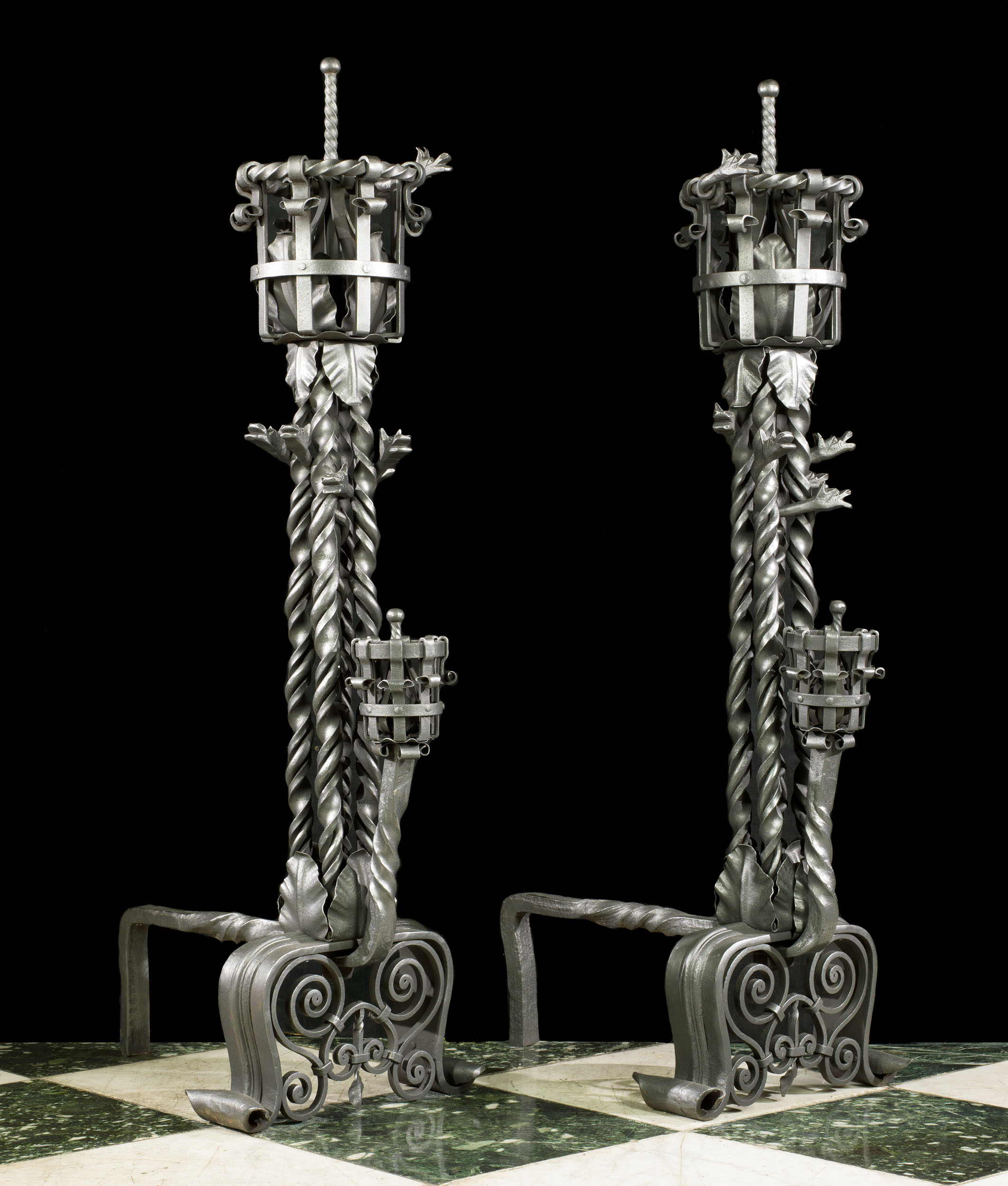 A Pair Gothic Revival Wrought Iron Andirons 