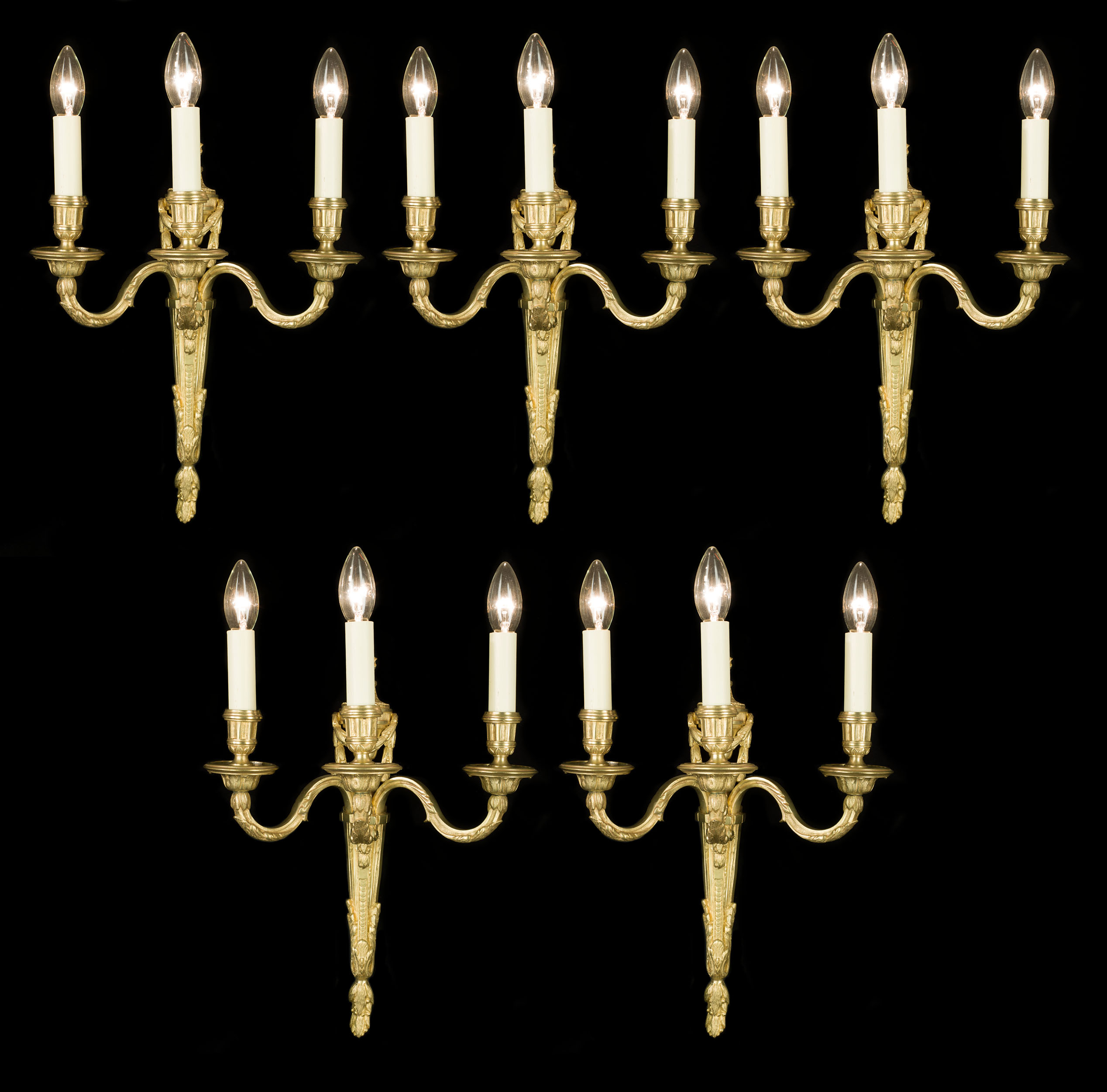 A set of five 20th century gilt brass wall lights