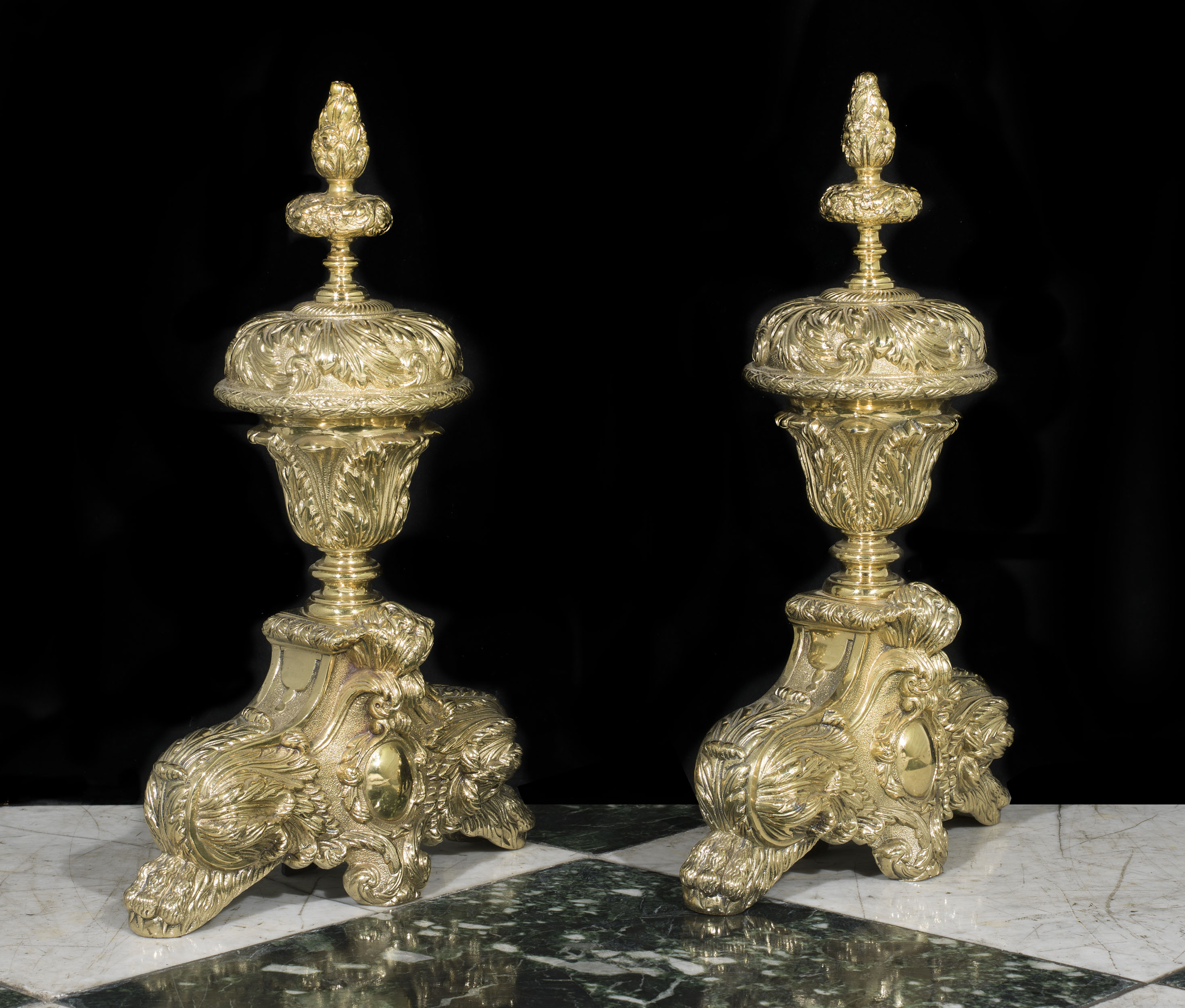  Early 20th century pair of brass Baroque style chenet