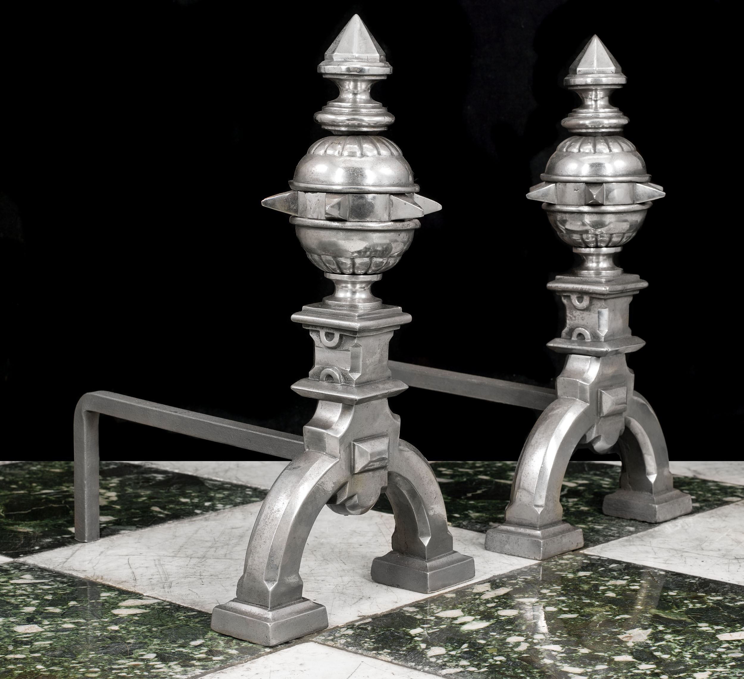  Antique Pair of Polished cast iron Andirons