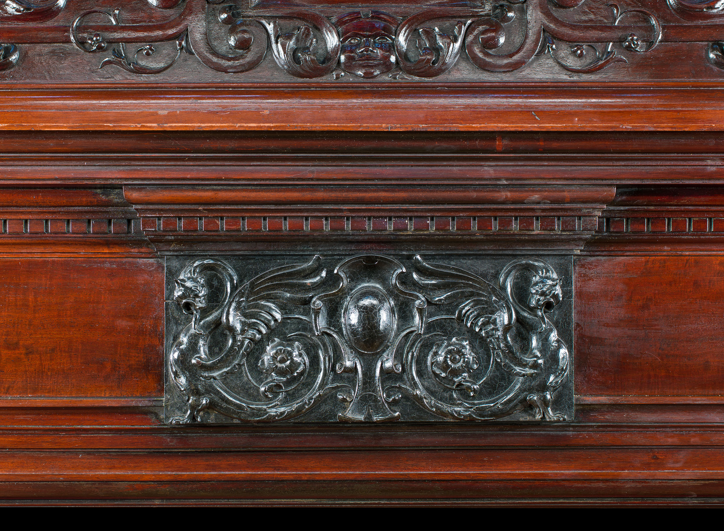 Tall Baroque Style Mahogany Fireplace Mantel