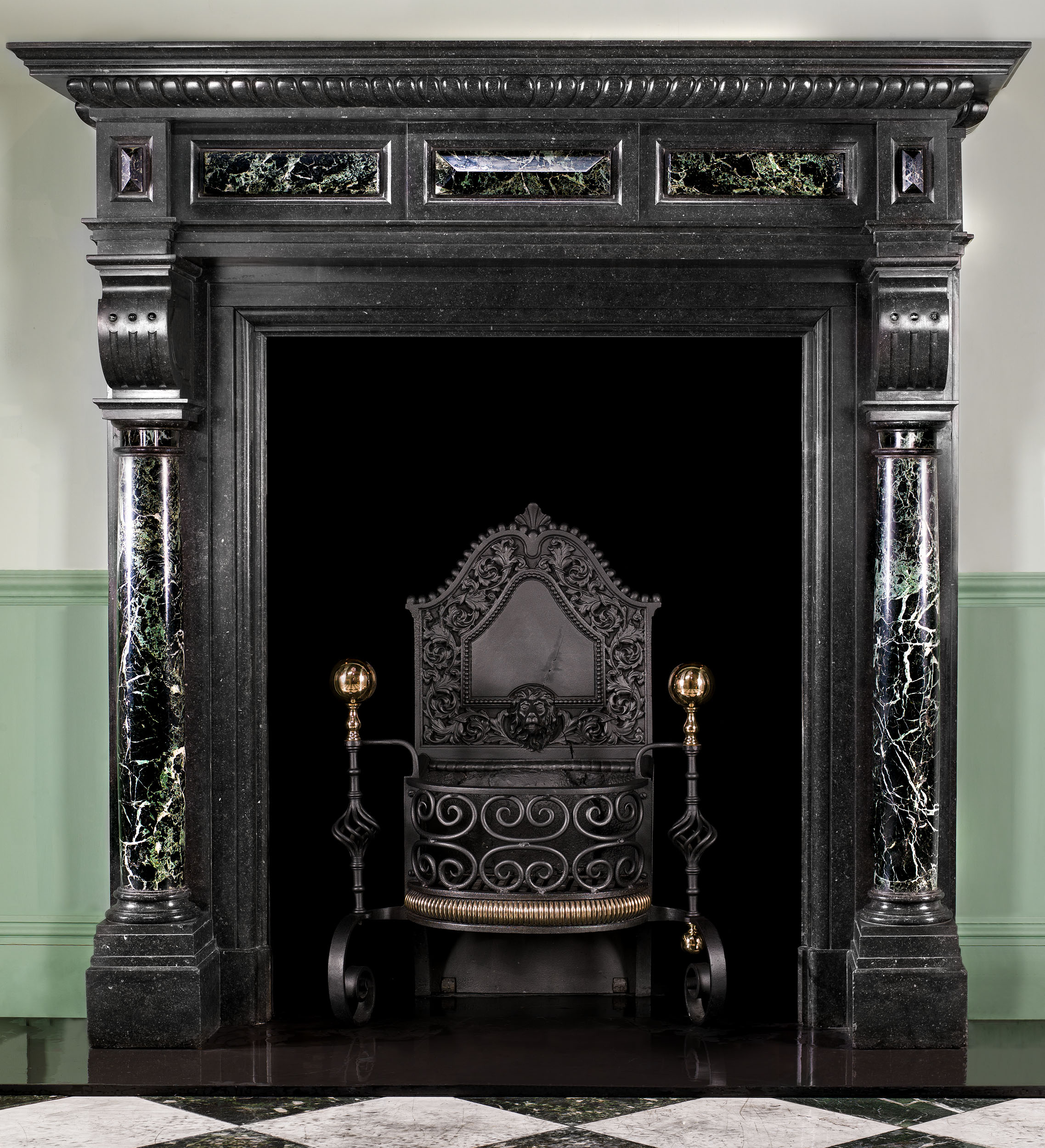 Flemish Black Fossil and Tinos Green Marble Chimneypiece   