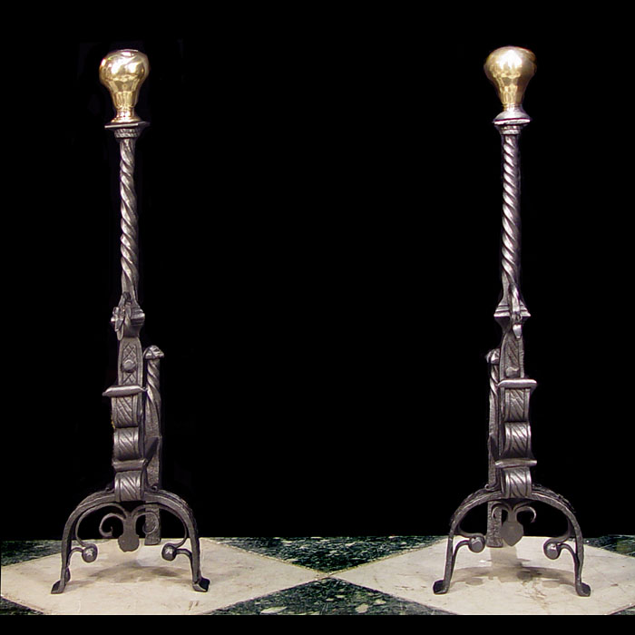 A Tall Pair of Ornate Jacobean Style Andirons