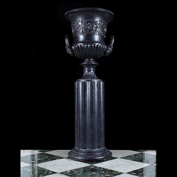  Antique Victorian Campana Urn on a Fluted Columnal Plinth in Cast Iron
