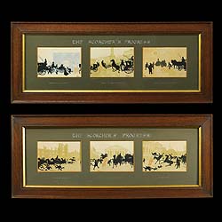 Set of Six Humorous Prints in two Oak Frames

