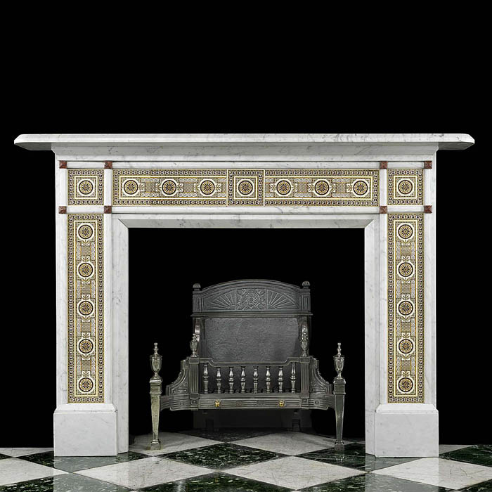 Antique Carrara Marble Chimneypiece with Victorian Christopher Dresser Tiles 
