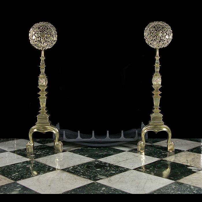 A Pair Rare & Very Tall Arts & Crafts Brass Antique Andirons