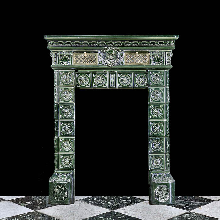 Antique Renaissance Revival French Chimneypiece in Green Ceramic Tiles 
