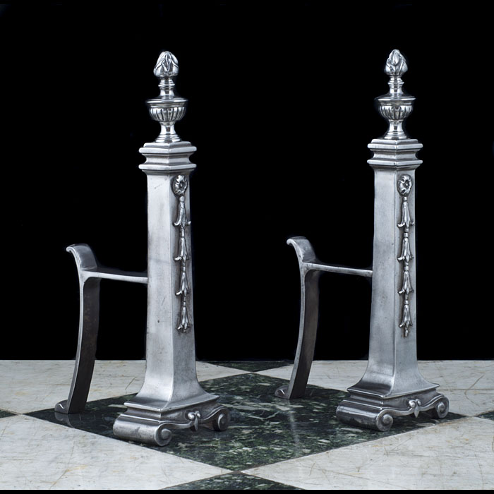 Polished Cast Iron Neo-Classical Andirons 