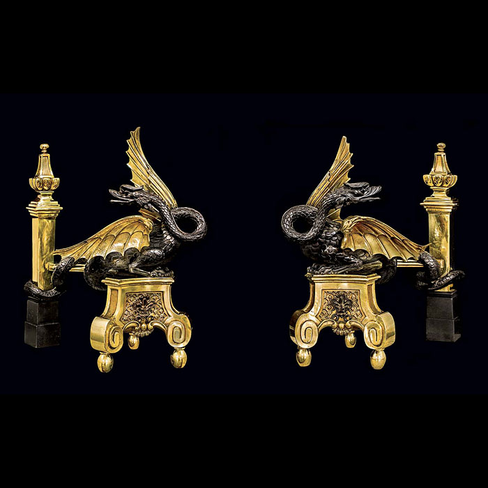 A Rare Pair of Antique Gilt and Bronze Wyvern Andirons