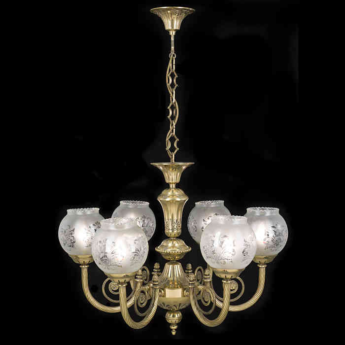 Six Branch Victorian Style Brass Chandelier